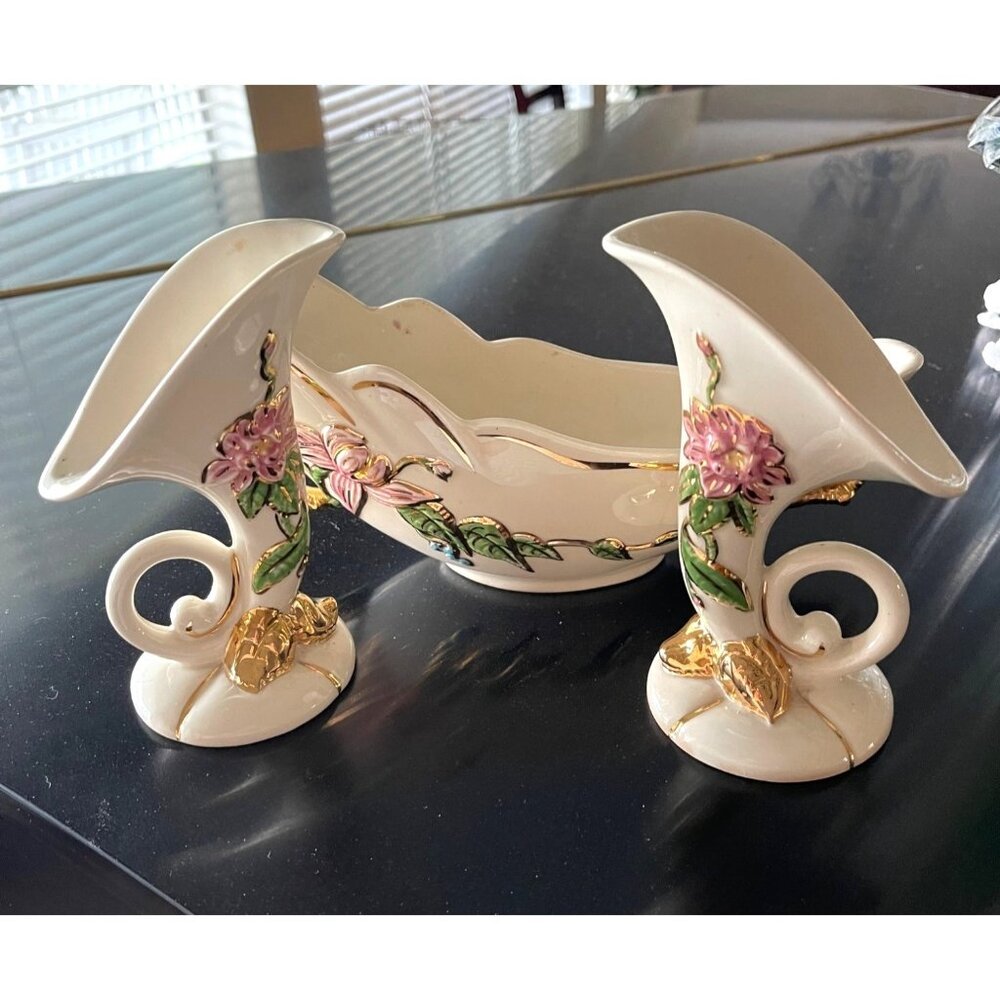Hull Pottery Floral Incolay Porcelain Compote Set